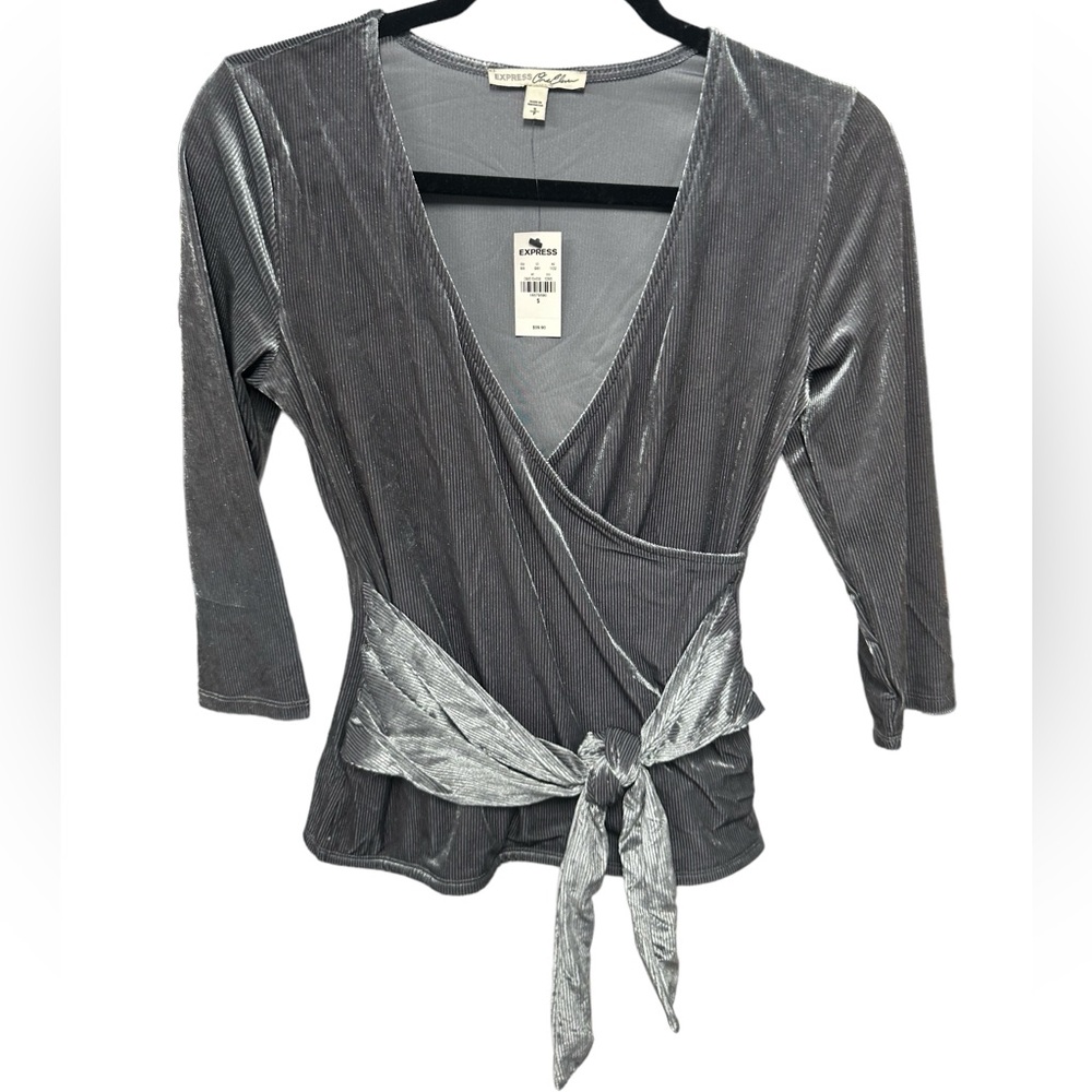 Express women’s size small blouse gray ribbed faux wrap $40 new
